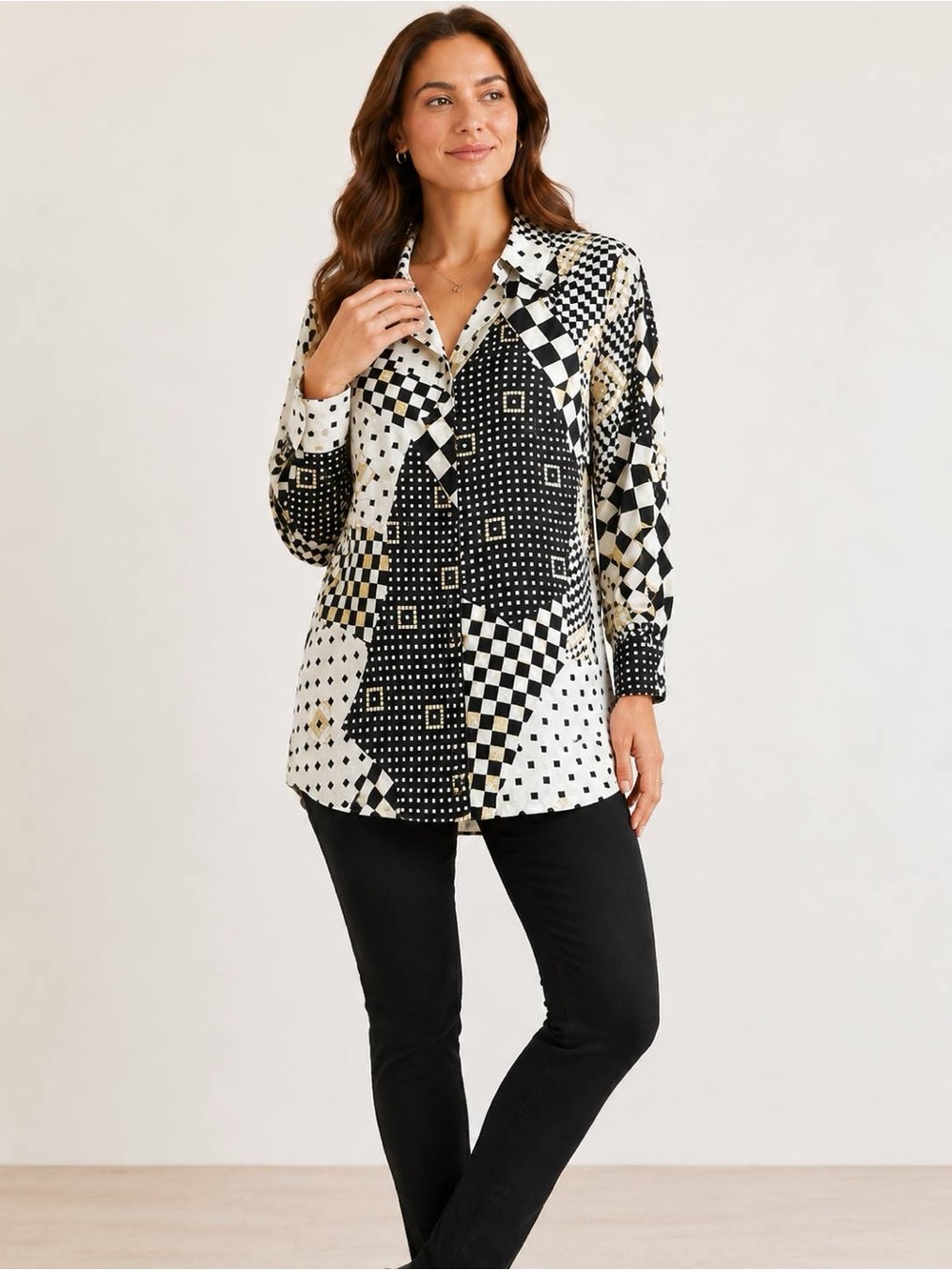 Gottex Women Shirt M Black White Gold Geometric Patchwork Print Long Sleeve